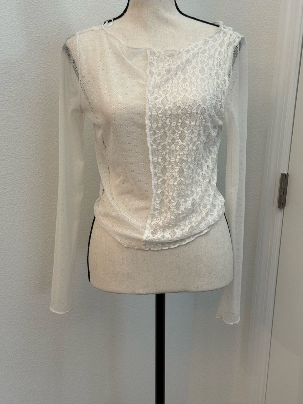 Textured White Lace & Mesh Long-Sleeve Top